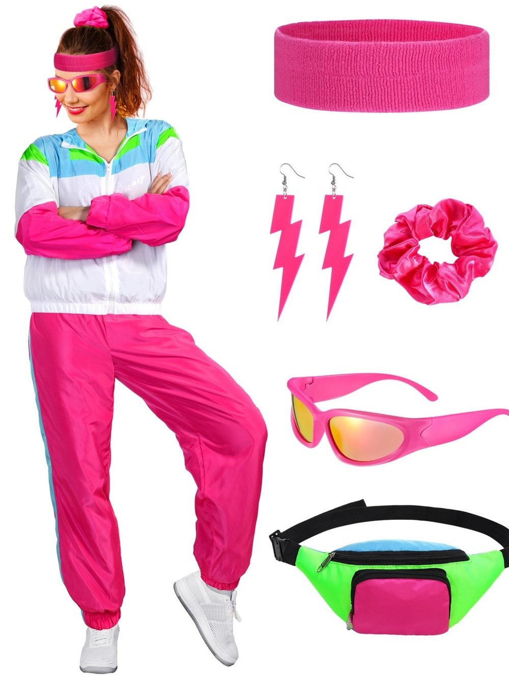 Women’s 80’s & 90’s Neon Pink Tracksuit & Accessory Set, Disco Party Costume